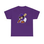 Merrillville Muddogs Heavyweight T-Shirt in purple with the Merrillville Muddogs logo, a snarling bulldog in a purple cap holding a bat on the front