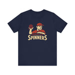 Navy Greenville Spinners baseball T-shirt with vintage player graphic, premium lightweight Bella+Canvas fabric, crew neck design.