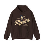 Jackson - Ionia Mayors Hoodie in dark chocolate with the top hatted mayor character in a navy suit tossing a baseball on the front