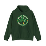 Roseburg Shamrocks Hoodie in forest green with the Roseburg Shamrocks logo, a shamrock of baseballs with a bat stem in a green ring on the front