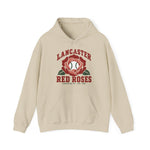 Lancaster Red Roses Hoodie in sand with the Lancaster Red Roses logo, a red rose with a baseball at its center on the front