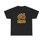 Medford Nuggets Heavyweight T-Shirt in black with the Medford Nuggets logo, a gold prospector catching a baseball in his pan on the front