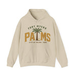 Fort Myers Palms Hoodie in sand with the palm tree between bold gold block letters with a baseball on the front
