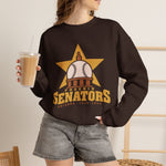 Phoenix Senators Crewneck Sweatshirt in dark chocolate with the Phoenix Senators logo, a baseball as the capitol dome in front of a gold star on the front, worn by model