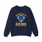 Klamath Falls Gems Crewneck Sweatshirt in navy with the Klamath Falls Gems logo, a blue diamond gem with baseball stitching on the front