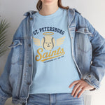 St. Petersburg Saints Heavyweight T-Shirt in light blue with the cream winged baseball emblem with a halo on the front, worn by model