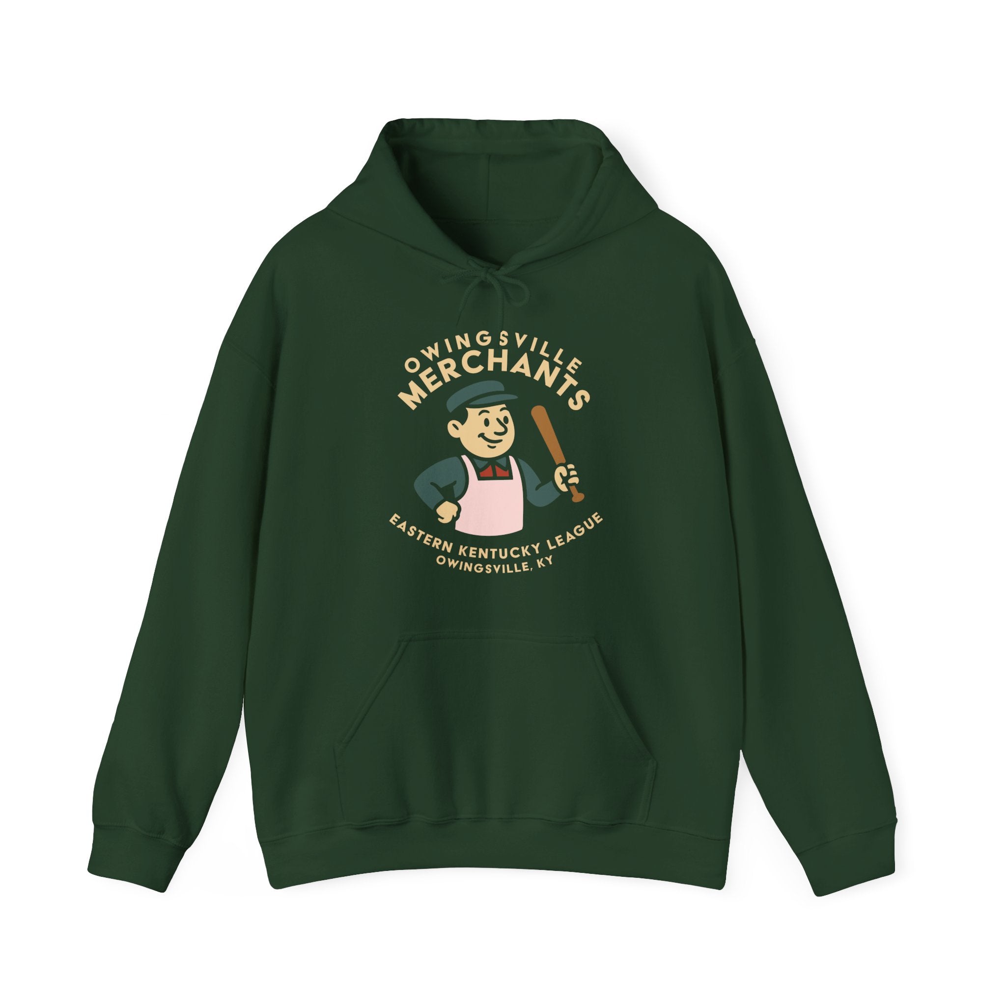 Dark green Owingsville Merchants hoodie featuring vintage baseball team logo and character with bat and bowling pin.