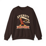 Everett Smokestackers Crewneck Sweatshirt in dark chocolate with the Everett Smokestackers logo, a cartoon smokestack swinging a bat with a trail of smoke on the front