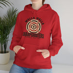 Walla Walla Sharpshooters Hoodie in red with the Walla Walla Sharpshooters logo, a bullseye target crossed by baseball stitching on the front, worn by model