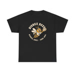 Bisbee Bees Heavyweight T-Shirt in black with the Bisbee Bees logo, a cartoon bee in a ball cap catching a baseball on the front