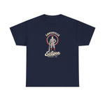 Louisville Eclipse Heavyweight T-Shirt in navy with the Louisville Eclipse logo, an 1880s ballplayer leaning on a bat in front of a red sunburst on the front