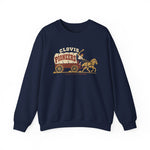 Clovis Pioneers Crewneck Sweatshirt in navy with the Clovis Pioneers logo, a ballplayer with a raised bat riding a horse-drawn covered wagon, with Pioneers on the canvas on the front