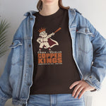 Bisbee-Douglas Copper Kings Heavyweight T-Shirt in dark chocolate with the Bisbee-Douglas Copper Kings logo, a bearded king in a crown and cape swinging a bat on the front, worn by model