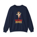 Providence Rubes Crewneck Sweatshirt in navy with the Providence Rubes logo, a 1920s pitcher in a straw farmer's hat with a stalk of wheat in his teeth at the top of his leg kick, over Providence Rubes 1926 Champions on the front