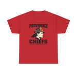Providence Chiefs Heavyweight T-Shirt in red with the Providence Chiefs logo, a fire chief in profile under a leather helmet with a P on the front shield on the front