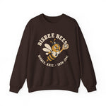 Bisbee Bees Crewneck Sweatshirt in dark chocolate with the Bisbee Bees logo, a cartoon bee in a ball cap catching a baseball on the front