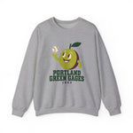 Portland Green Gages Crewneck Sweatshirt in sport grey with the Portland Green Gages logo, a cartoon green plum tossing a baseball on the front