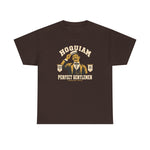 Hoquiam Perfect Gentlemen Heavyweight T-Shirt in dark chocolate with the Hoquiam Perfect Gentlemen logo, a mustached gentleman in a straw boater tipping his hat between two pennants on the front