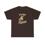 Atlanta Pretzels Heavyweight T-Shirt in dark chocolate with the cream cartoon baker holding a pretzel and basket on the front