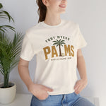 Fort Myers Palms Premium Lightweight T-Shirt in natural with the palm tree between bold gold block letters with a baseball on the front, worn by model
