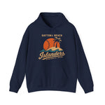 Daytona Beach Islanders Hoodie in navy with the orange sunset behind a palm island with stitched baseball waves on the front
