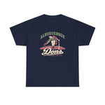 Albuquerque Dons Heavyweight T-Shirt in navy with the Albuquerque Dons logo, a caped ballplayer bowing with his hat swept off in front of pink mountains, with Dons in cream script on the front