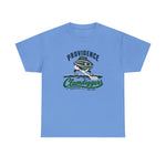 Providence Clamdiggers Heavyweight T-Shirt in carolina blue with the Providence Clamdiggers logo, a quahog clam character in a green cap raking a Narragansett Bay mudflat, with Clamdiggers in green script on the front