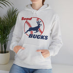 Bend Bucks Hoodie in ash with the Bend Bucks logo, a leaping buck over a red-stitched baseball on the front, worn by model