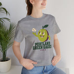 Portland Green Gages Premium Lightweight T-Shirt in athletic heather with the Portland Green Gages logo, a cartoon green plum tossing a baseball on the front, worn by model