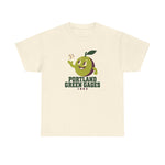 Portland Green Gages Heavyweight T-Shirt in natural with the Portland Green Gages logo, a cartoon green plum tossing a baseball on the front