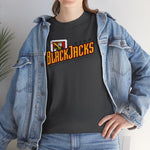 Reno BlackJacks Heavyweight T-Shirt in dark heather with the Reno BlackJacks logo, a Jack of Spades holding a bat above slanted BlackJacks lettering on the front, worn by model