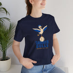 Sarasota Gulls Premium Lightweight T-Shirt in navy with the cream cartoon gull balancing on a baseball with wings spread on the front, worn by model