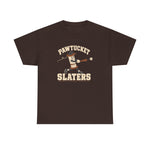 Pawtucket Slaters Heavyweight T-Shirt in dark chocolate with the Pawtucket Slaters logo, a cotton mill bobbin character in a ball cap swinging a bat, with a loose thread trailing behind on the front