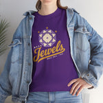 Mesa Jewels Heavyweight T-Shirt in purple with the Mesa Jewels logo, a faceted purple gem with a baseball diamond above Jewels script on the front, worn by model