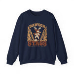 Dawson Stags Crewneck Sweatshirt in navy with the Dawson Stags logo, a stag ballplayer with a bat on his shoulder between canyon walls, with Stags in brown block letters on the front