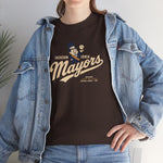 Jackson - Ionia Mayors Heavyweight T-Shirt in dark chocolate with the top hatted mayor character in a navy suit tossing a baseball on the front, worn by model