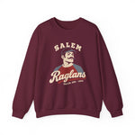 Salem Raglans Crewneck Sweatshirt in maroon with the Salem Raglans logo, a mustached ballplayer in a raglan shirt on the front