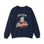 Salem Raglans Crewneck Sweatshirt in navy with the Salem Raglans logo, a mustached ballplayer in a raglan shirt on the front