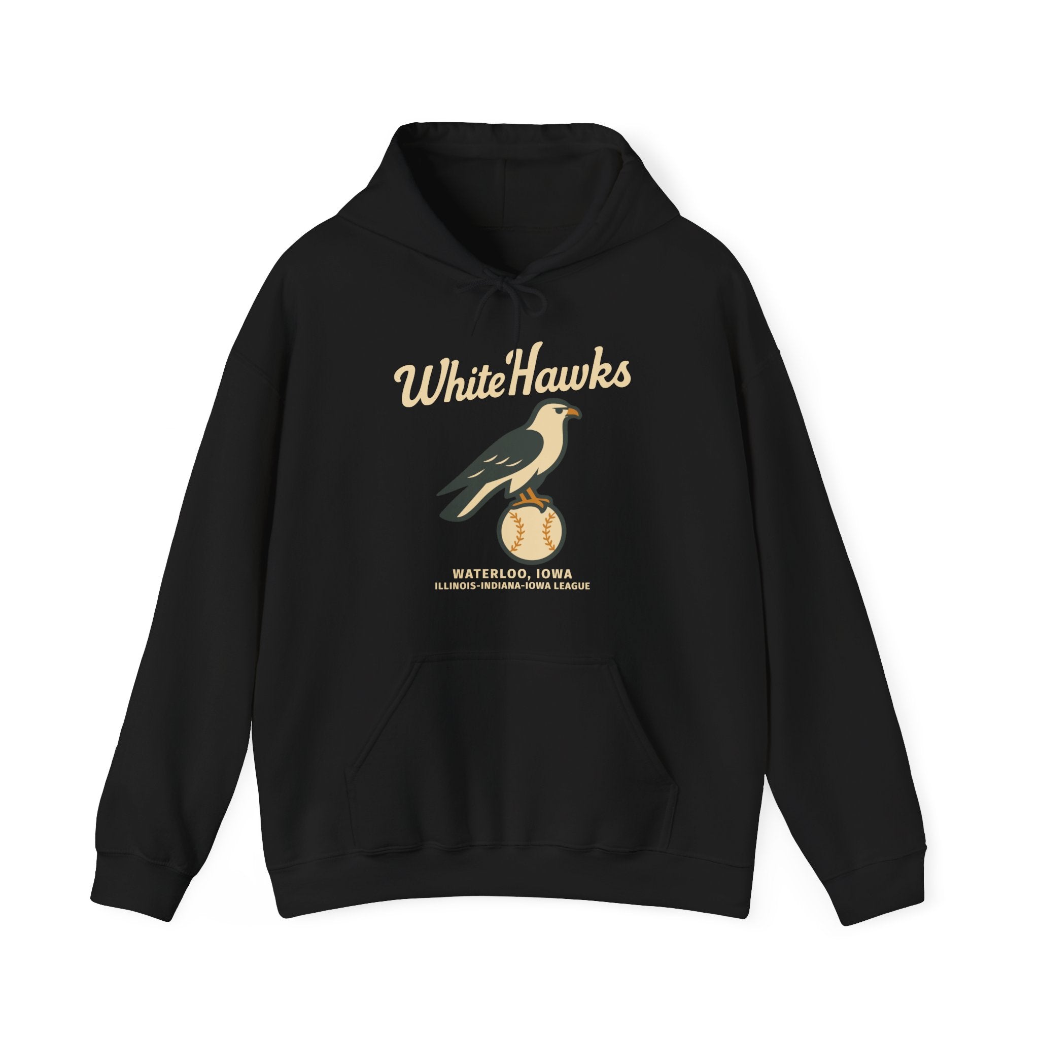 Black hoodie featuring vintage Waterloo White Hawks baseball team logo with a bird perched on a baseball design