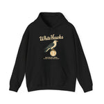 Black hoodie featuring vintage Waterloo White Hawks baseball team logo with a bird perched on a baseball design