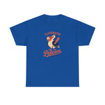 Clearwater Pelicans Heavyweight T-Shirt in royal with the navy and orange pelican holding a baseball in its beak and a bat on the front