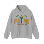 Fort Myers Palms Hoodie in sport grey with the palm tree between bold gold block letters with a baseball on the front