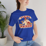 Yakima Packers Premium Lightweight T-Shirt in true royal with the Yakima Packers logo, a ballplayer holding a bat and a crate of apples on the front, worn by model