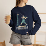 Carlsbad Potashers Crewneck Sweatshirt in navy with the Carlsbad Potashers logo, a miner in a hard hat and headlamp finishing his swing as the ball arcs over a ballpark light tower, with Potashers in block letters on the front, worn by model