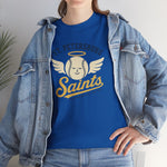 St. Petersburg Saints Heavyweight T-Shirt in royal with the cream winged baseball emblem with a halo on the front, worn by model