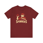Maroon Greenville Spinners baseball t-shirt with vintage player graphic, premium lightweight Bella+Canvas fabric.