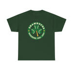 Roseburg Shamrocks Heavyweight T-Shirt in forest green with the Roseburg Shamrocks logo, a shamrock of baseballs with a bat stem in a green ring on the front