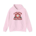 Lancaster Red Roses Hoodie in light pink with the Lancaster Red Roses logo, a red rose with a baseball at its center on the front