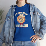 Bremerton Bluejackets Heavyweight T-Shirt in royal with the Bremerton Bluejackets logo, a smiling baseball in a sailor cap and red neckerchief on the front, worn by model