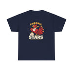 Phoenix Stars Heavyweight T-Shirt in navy with the Phoenix Stars logo, a red phoenix bird holding a bat, ringed by stars on the front